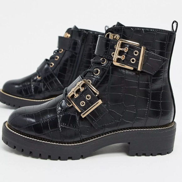 asos design aubrey hiker lace up boots in black croc